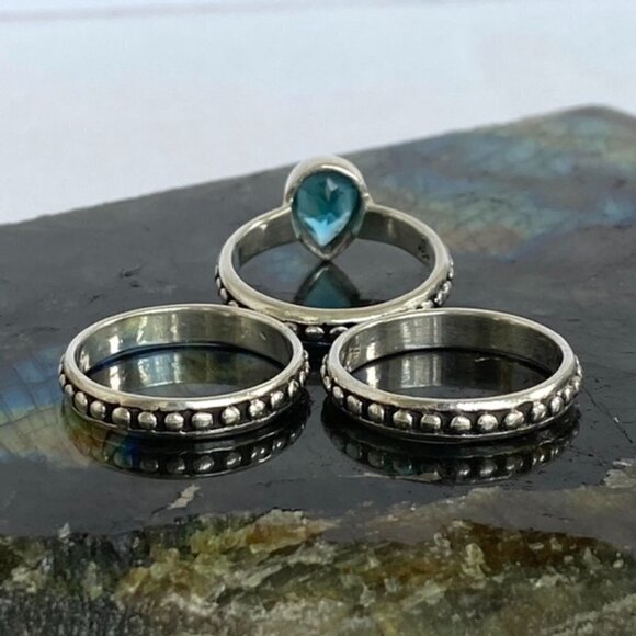 Sterling Silver 925 Teardrop Faceted Blue Glass Triple Band Ring Bali Size 6.5 - Picture 15 of 16